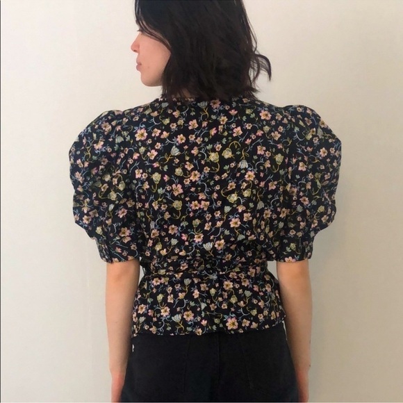 Who What Wear Womens Floral Puffy Sleeve Waist Tie Button up Blouse Size XS - Picture 2 of 9